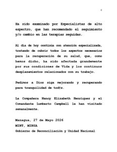 Comunicado del Minsa y el MINT sobre la salud de Brooklyn Rivera Brayan.