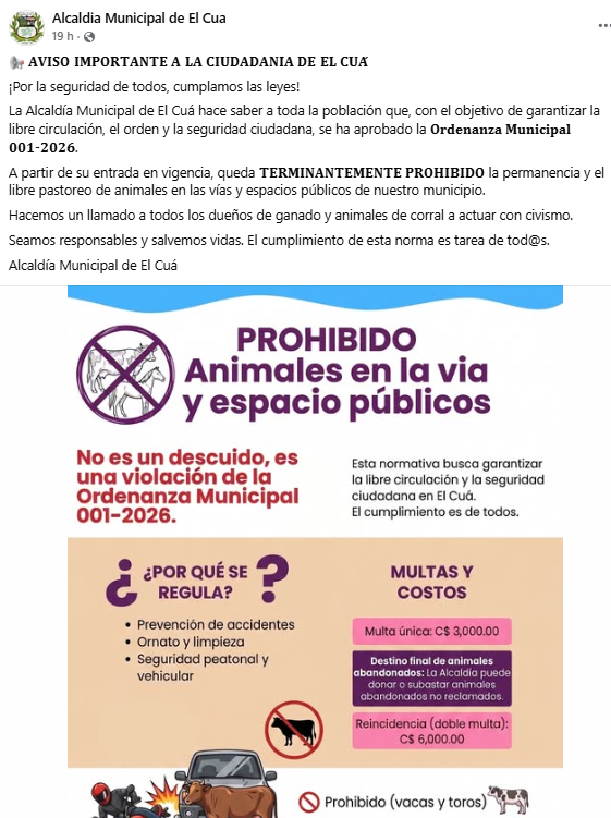 Aviso de la Alcaldía de El Cuá. Captura de pantalla.