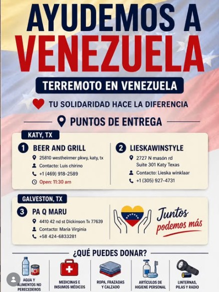 Puntos de entrega de ayuda en Katy, Houston, para ayudar a afectados en Venezuela.