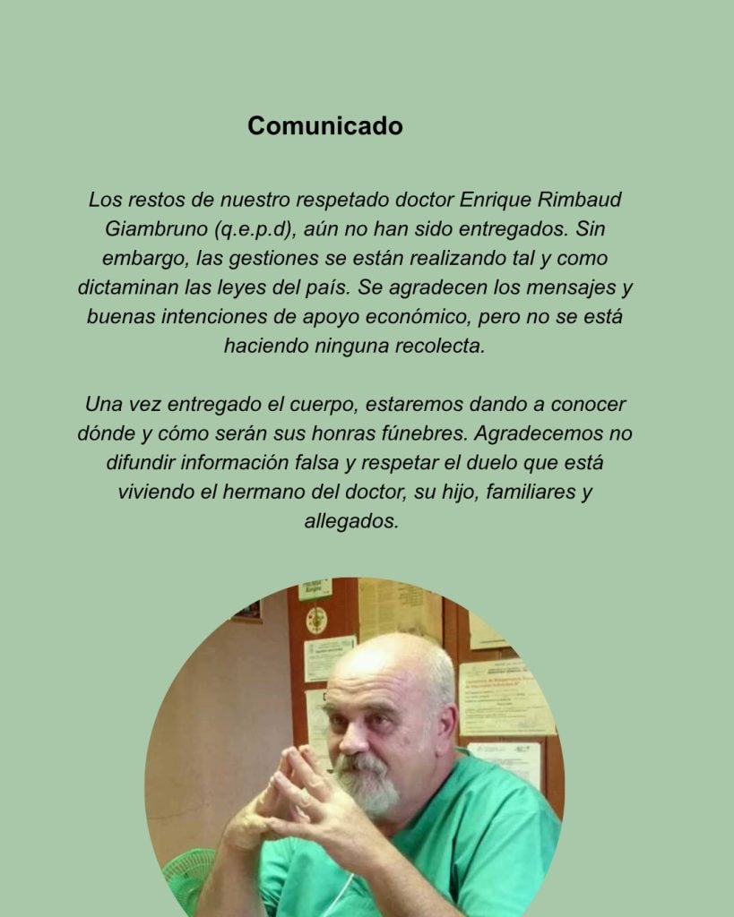 Comunicado de la familia del médico veterinario Enrique Rimbaud. Foto: Cortesía.