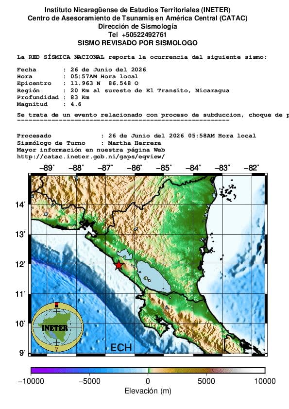 Datos de Ineter sobre el sismo registrado en Nicaragua. 