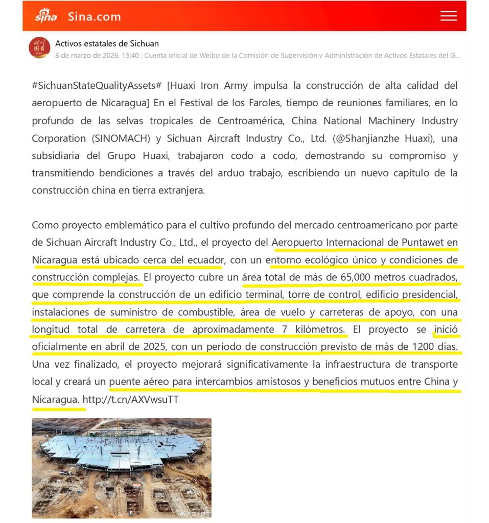 Nota sobre el Aeropuerto de Punta Huete publicada por Sina.com