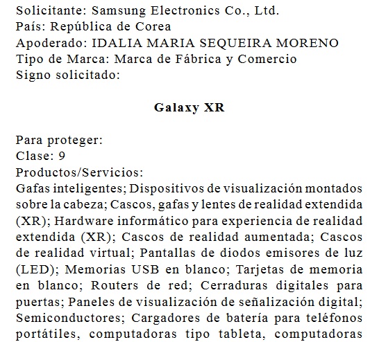 Registro de Marca de Galaxy XR de Samsung