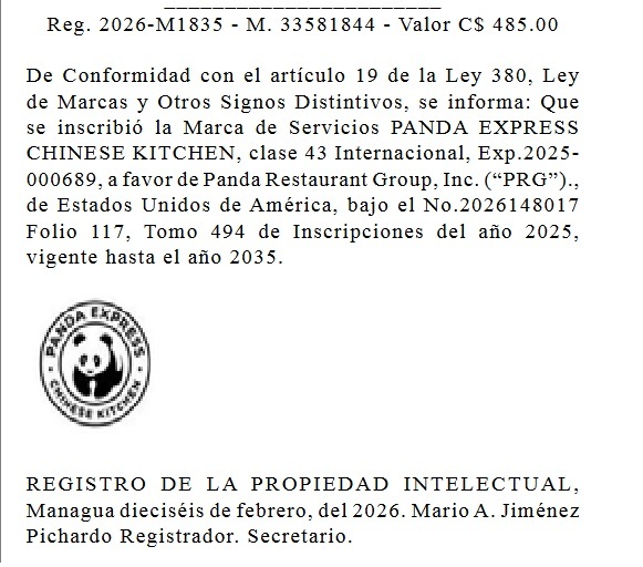 Registro de Marca de Panda Express Chinese Kitchen