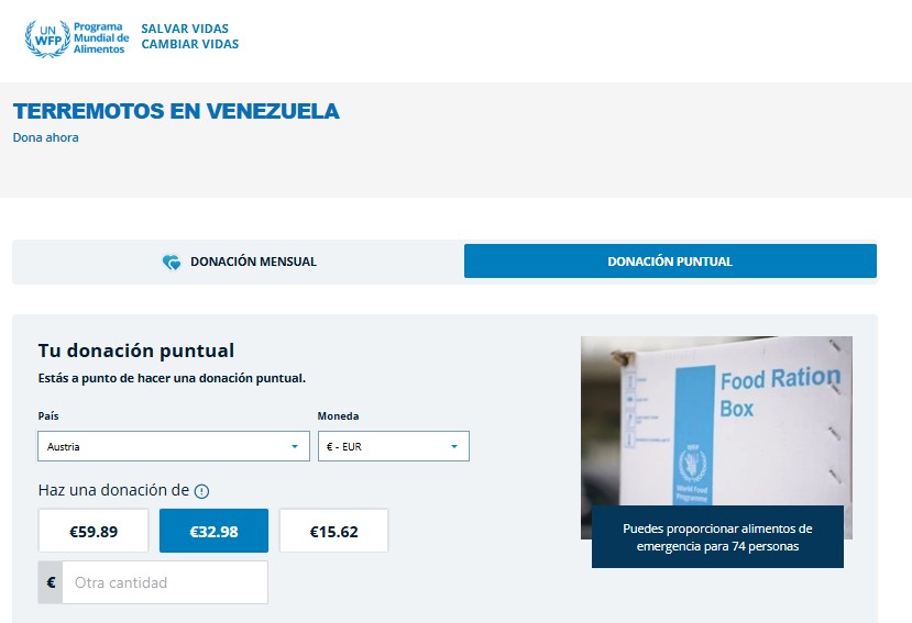 Captura de pantalla del sitio web del Programa Mundial de Alimentos para donativos a Venezuela.