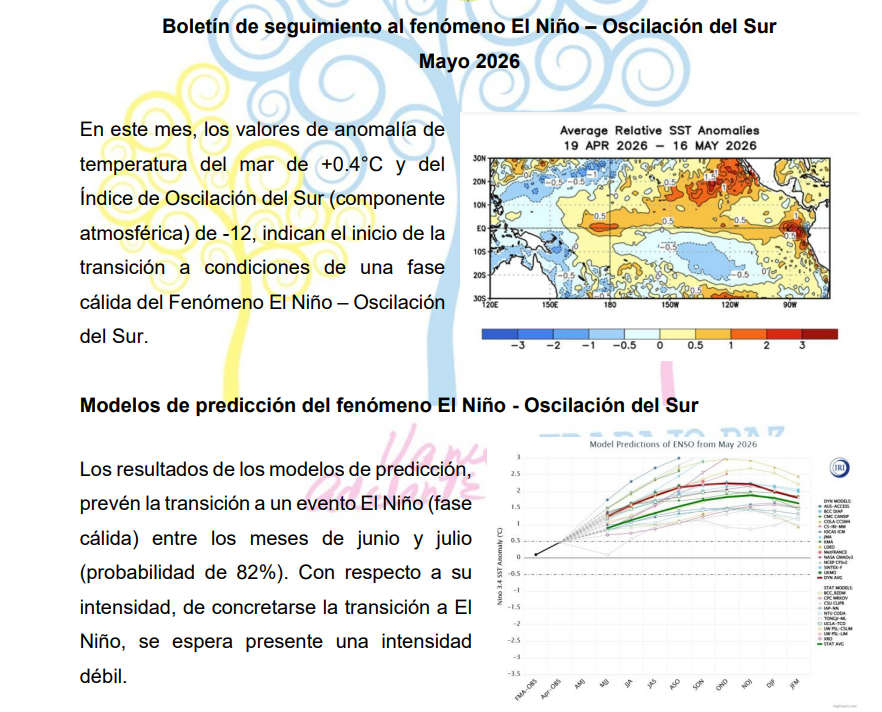 Boletín del Ineter sobre el desarrollo de El Niño, divulgado en mayo de 2026. Foto: Captura de pantalla.
