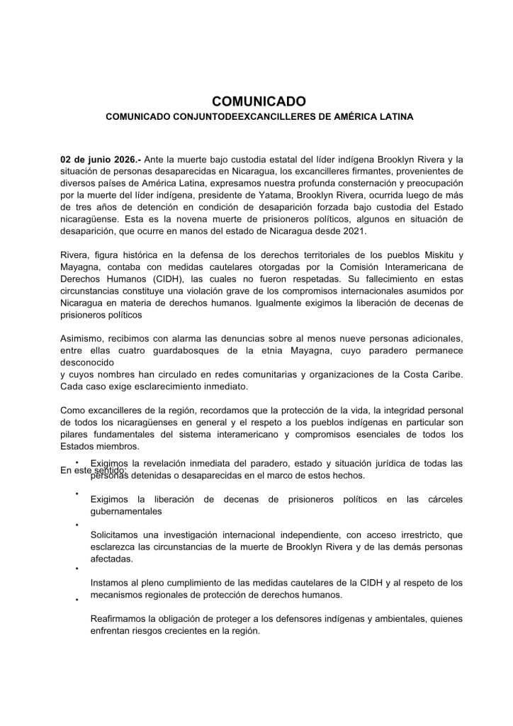 Comunicado conjunto de los excancilleres de América Latina, página 1