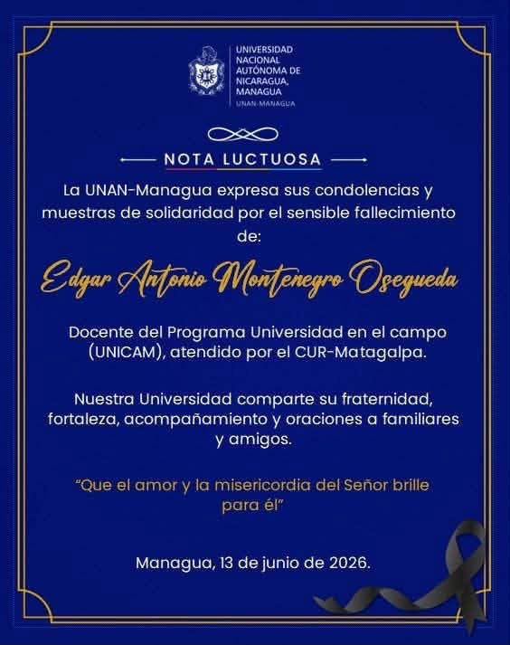 Nota luctuosa publicada por el Centro Universitario Regional de Matagalpa (CUR-Matagalpa) de la UNAN-Managua
