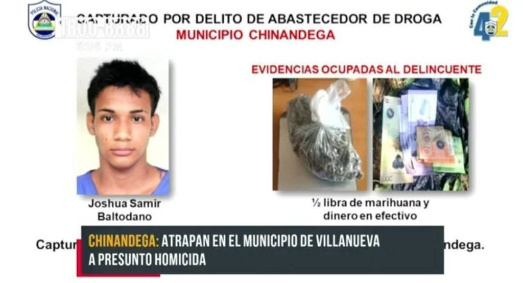Joshua Samir Baltodano, de 23 años, condenado por homicidio de un adolescente en Chinandega fue condenado primero por droga. Foto: Masaya Rebelde/Facebook.