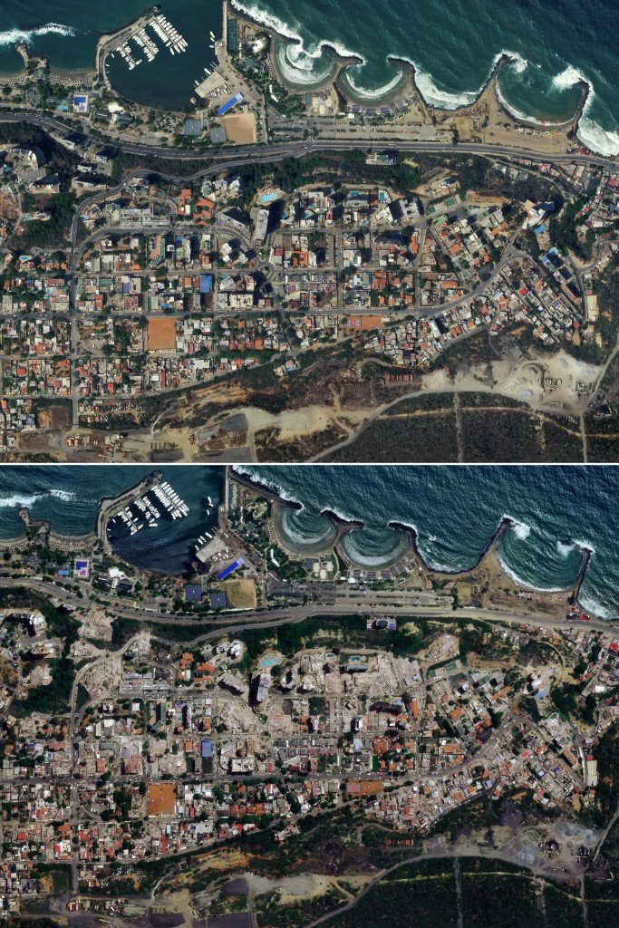 Fotos comparativas del 27 de febrero y del 26 de junio de 2026 de Catia La Mar, tomadas por satélite. Se puede apreciar el enorme grado de destrucción dejada por los terremotos. 2026 Planet Labs PBC / AFP