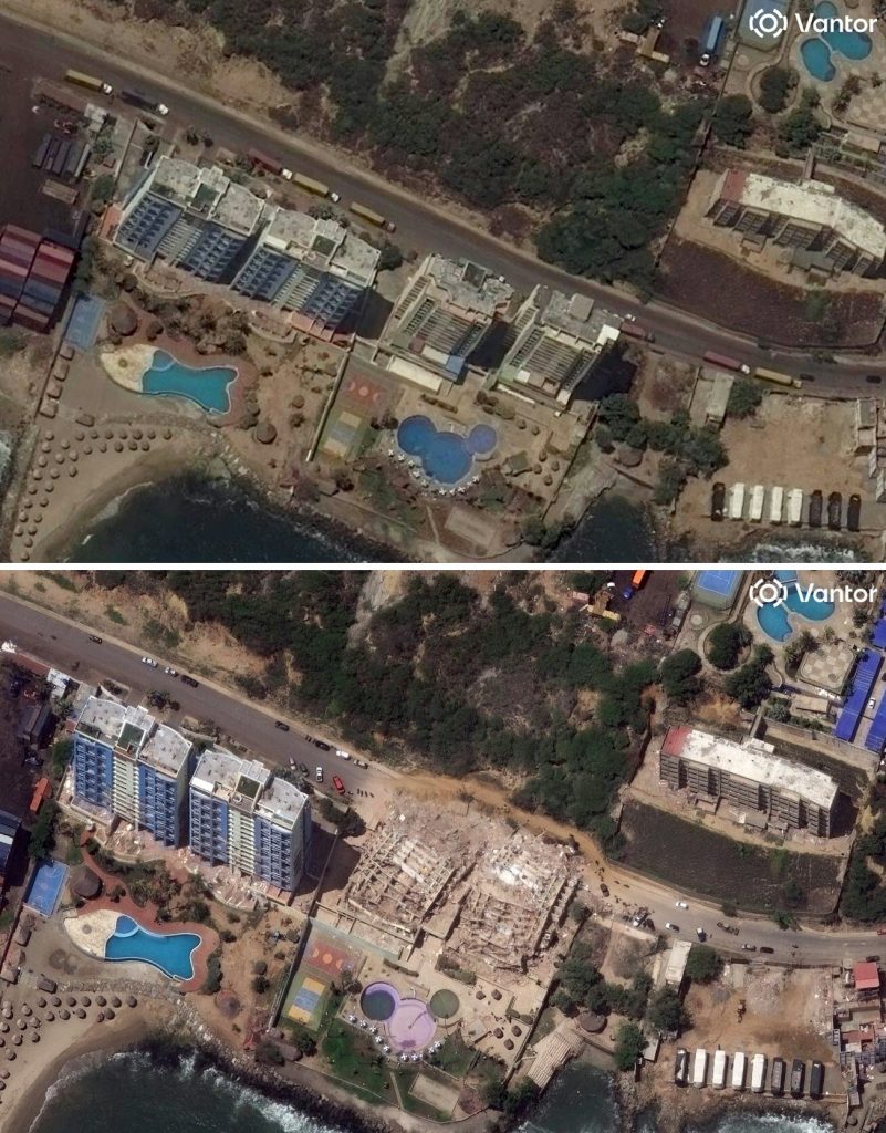 Fotos de satélite tomadas en abril pasado y el 26 de junio de 2026 de Maiquetía, La Guaira.  Satellite image ©2026 Vantor / AFP