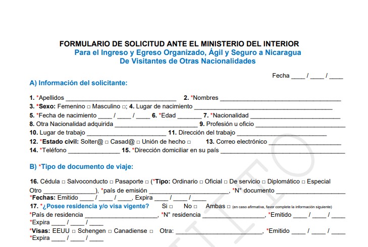 Este es el formulario de ingreso a Nicaragua que deben completar los extranjeros. Captura de pantalla