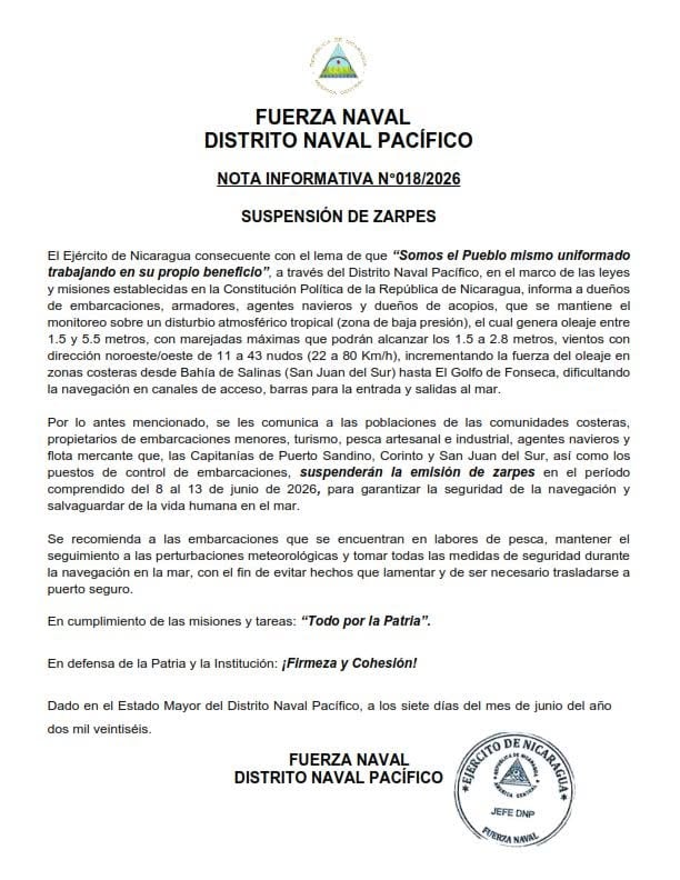 Nota de prensa de la Fuerza Naval