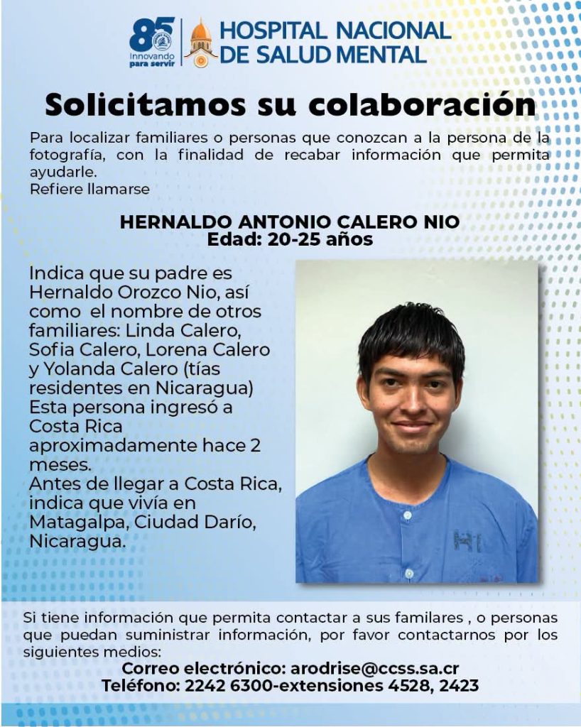 Hospital Nacional de Salud Mental de Costa Rica confirma aparición de nicaragüense desaparecido hace tres años. Foto: Hospital Nacional de Salud Mental/Facebook.