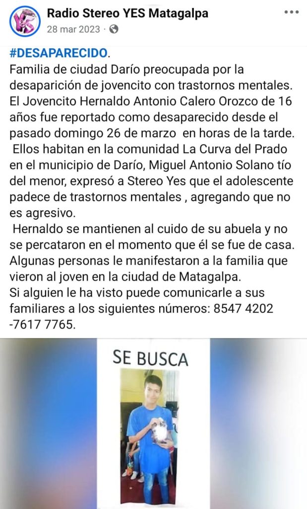 Radio Stereo YES publica desaparición de Hernaldo Antonio Calero Nio, en Matagalpa. Foto: Captura de Facebook Radio Stereo YES.