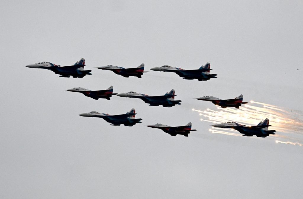 MiG-29 and Su-30SM fighter jets perform during an air show in Kronstadt on June 10, 2026. Olga Maltseva / AFP