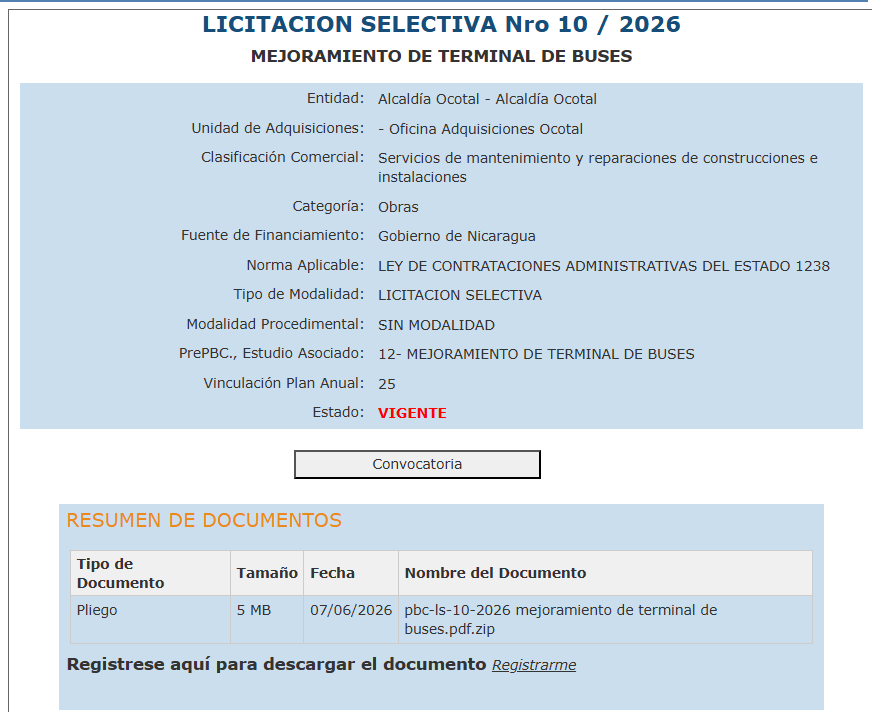 Licitación selectiva divulgada por la comuna de Ocotal en el Siscae. Foto: Captura de pantalla Siscae.