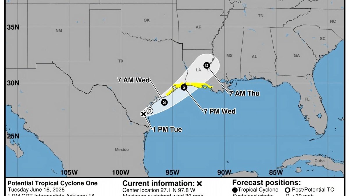 Imagen cedida por la Oficina Nacional de Administración Oceánica y Atmosférica (NOAA) a través del Centro Nacional de Huracanes (NHC) estadounidense que muestra el pronóstico de tres días del paso de la tormenta tropical por las costas de los estados de Texas y Luisiana en el Golfo de México. EFE/ NOAA-NHC