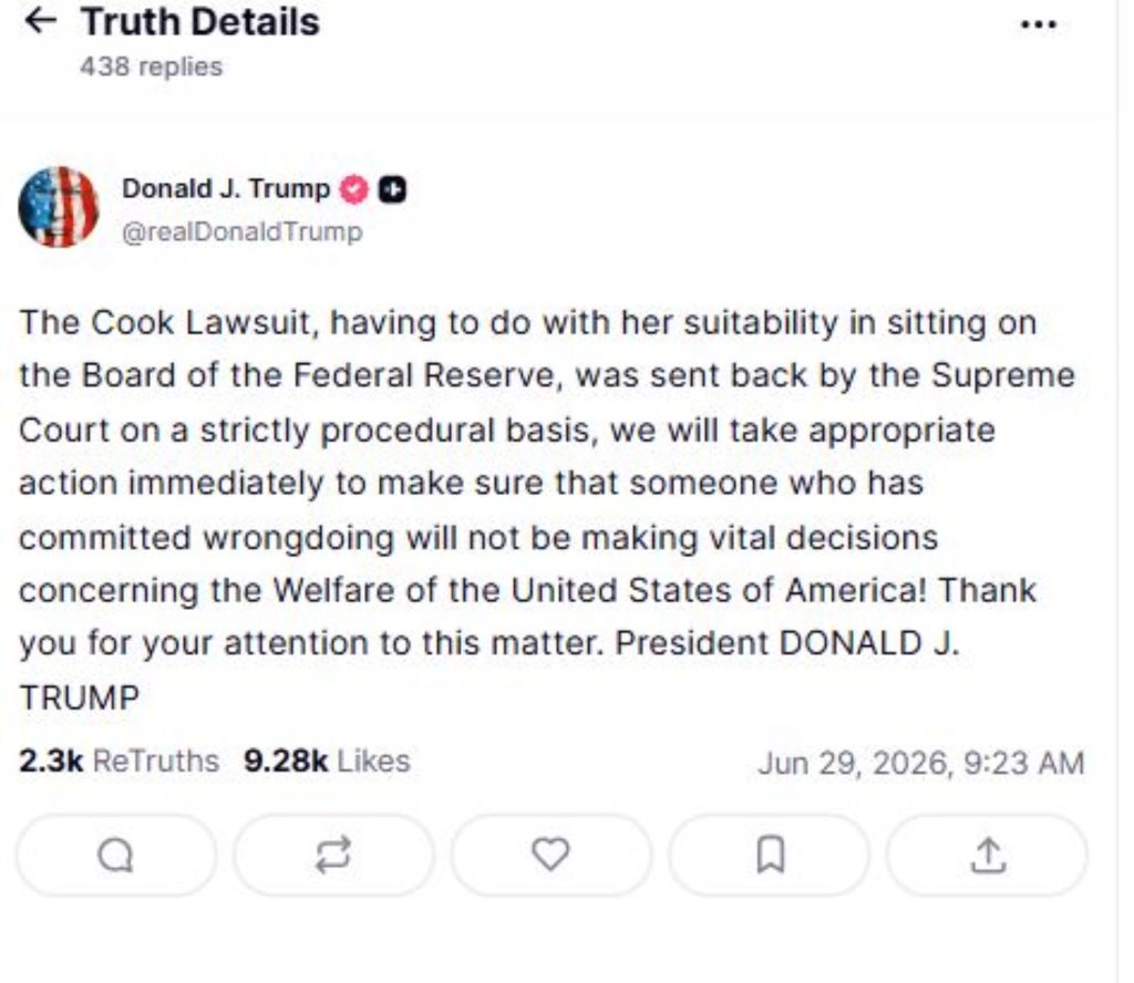La publicación de Trump en Truth Social sobre el caso Cook.