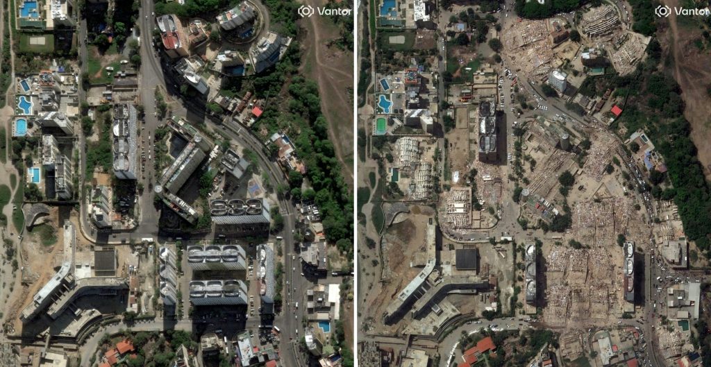 Imágenes yuxtapuestas tomadas en dicienbre pasado y el 26 de junio de 2026 de Caraballeda. 
Satellite image ©2026 Vantor / AFP