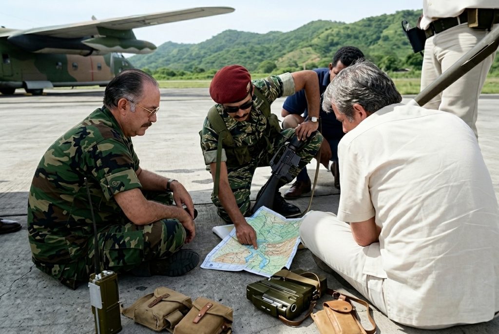 El general Anastasio Somoza Portocarrero recibe un informe de las operaciones de la EEBI en 1979.