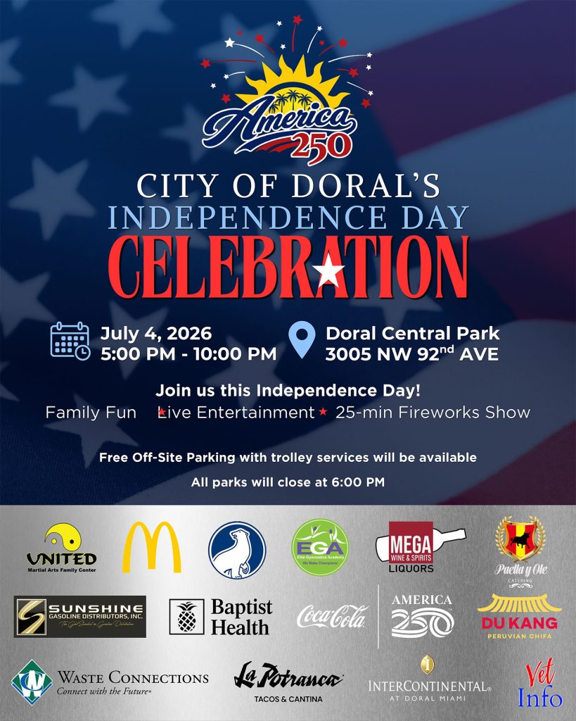Afiche publicitario del evento en Doral Central Park el 4 de julio en Florida