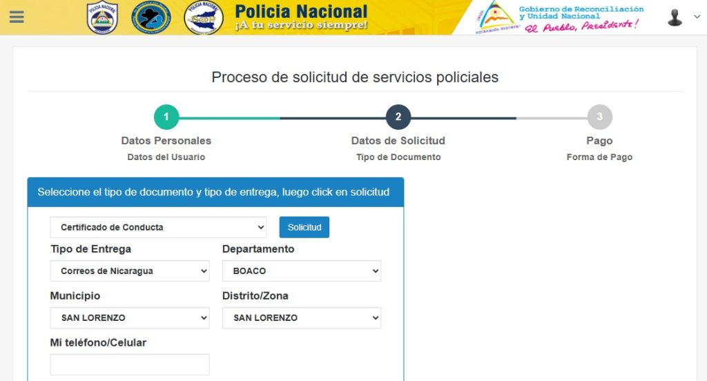 Sitio web de la Policía de Nicaragua durante el trámite de Certificado de Conducta o Récord de Policía. Captura de pantalla.