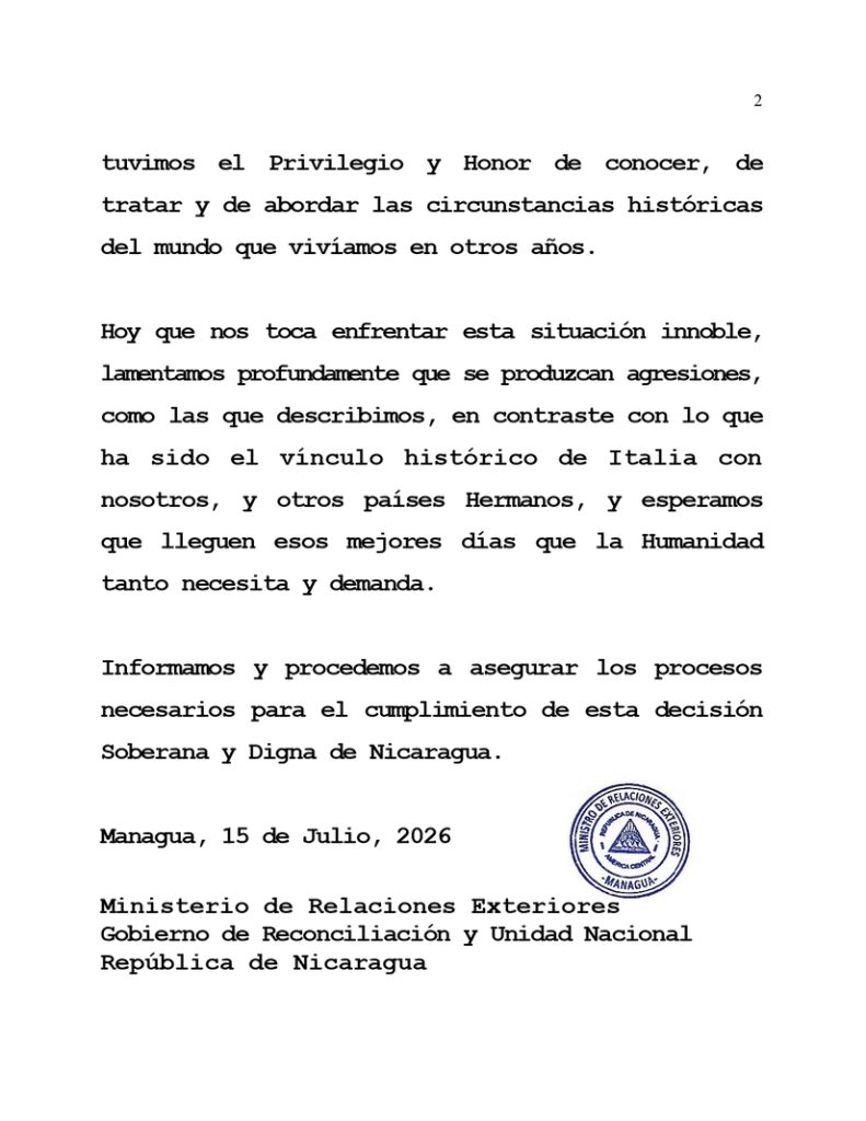 Nota de prensa 2 del régimen de Nicaragua sobre la ruptura de relaciones diplomáticas con Italia
