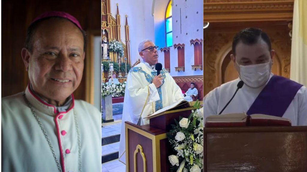 El obispo emérito de Estelí, Juan Abelardo Mata, el sacerdote Francisco Morales, párroco de la iglesia Cruz del Calvario y el diácono Wilfred Arauz Rodríguez.