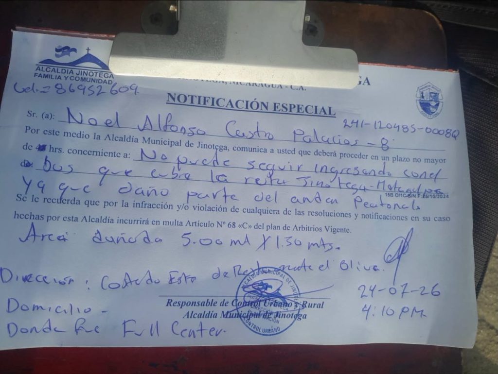 Multa por daño a infraestructura pública. Alcaldía de Jinotega