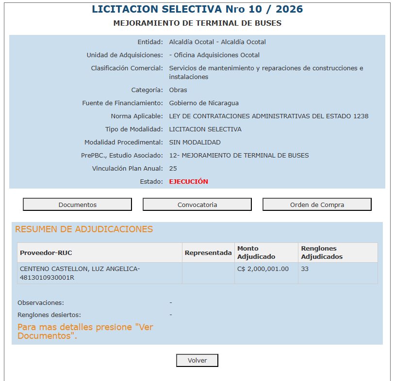 Licitación selectiva para mejoramiento de la terminal de buses de Ocotal. Foto: Captura de pantalla Siscae.