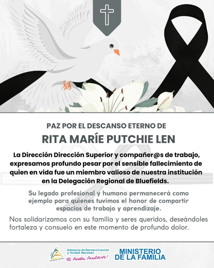 El Ministerio de la Familia publica nota de condolencias por la muerte de su trabajadora Rita Maríe Putchie Len. Foto: Ministerio de la Familia Nicaragua/Facebook.