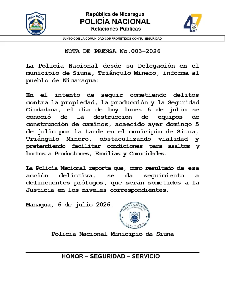 Comunicado Policía sobre Siuna