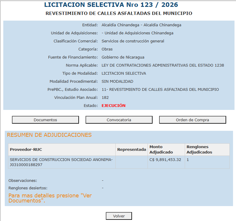 Licitación selectiva divulgada y adjudicada por la Alcaldía de Chinandega para el proyecto de seis calles asfaltadas en ese municipio. Foto: Captura de pantalla/SISCAE.