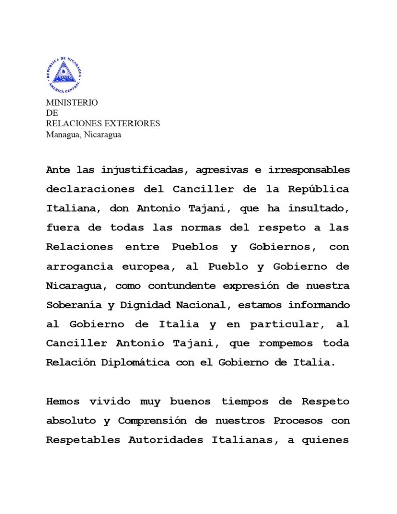 Nota de prensa del régimen de Nicaragua sobre la ruptura de relaciones diplomáticas con Italia