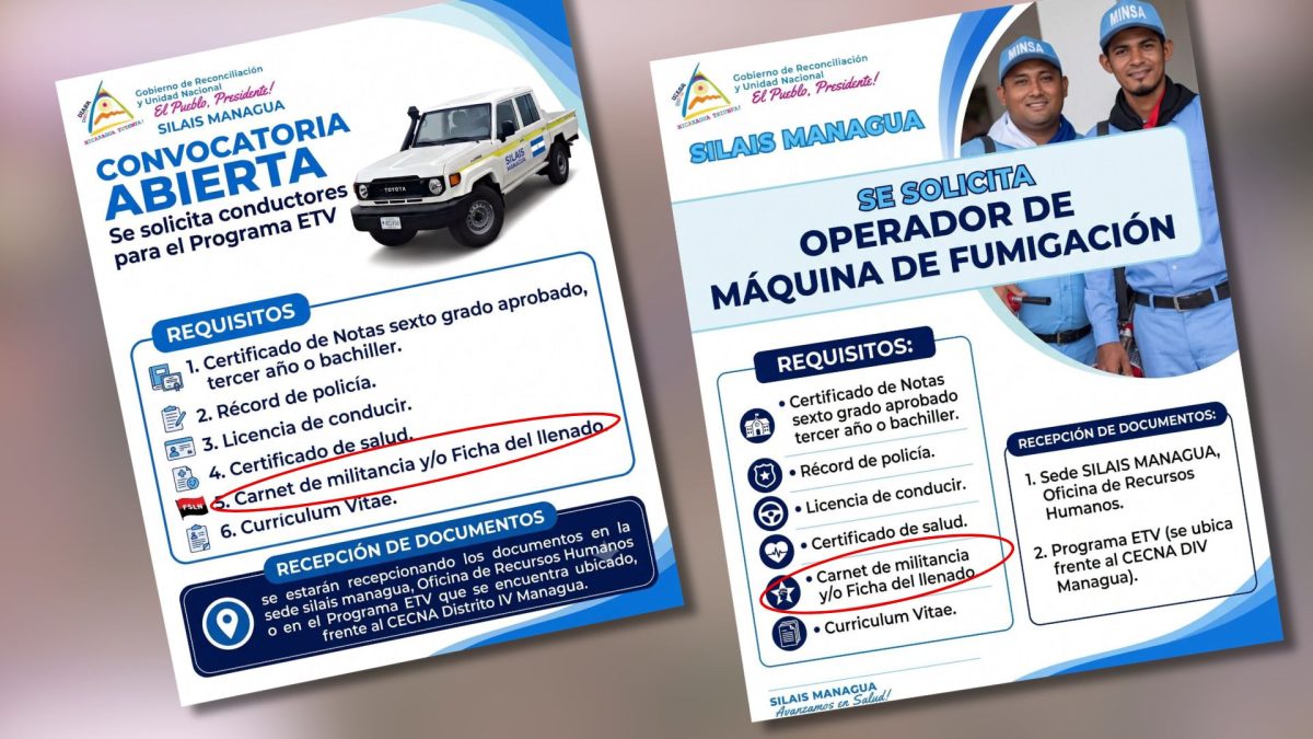 Minsa divulga convocatorias laborales en las que deja claro que solo contrata a militantes sandinistas. Foto: Tomada de redes sociales del Silais Managua.