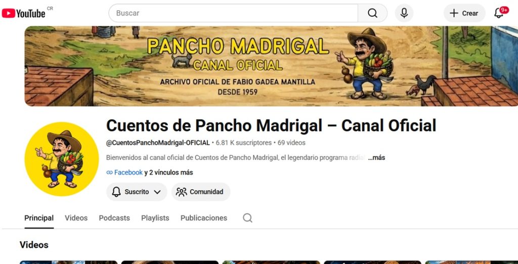 El canal oficial de Pancho Madrigal en YouTube. LA PRENSA/ REDES SOCIALES
