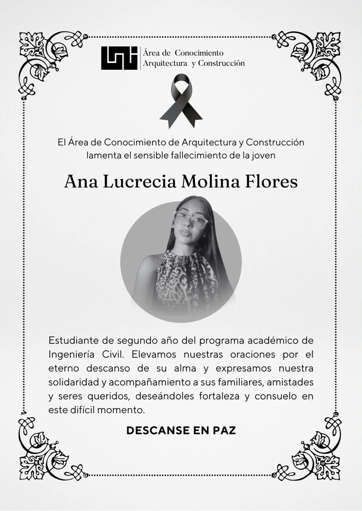 Nota luctuosa de la UNI por la muerte de su estudiante Ana Lucrecia Molina Flores, de apenas 19 años. Foto: UNI/Facebook.