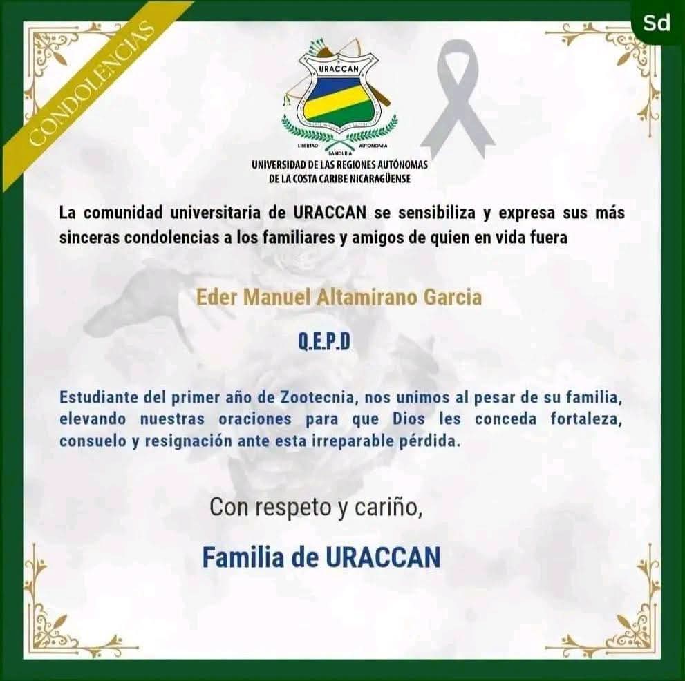 URACCAN expresa condolencia por la muerte del universitario Eder Manuel Altamirano García. Foto: URACCAN/Facebook.