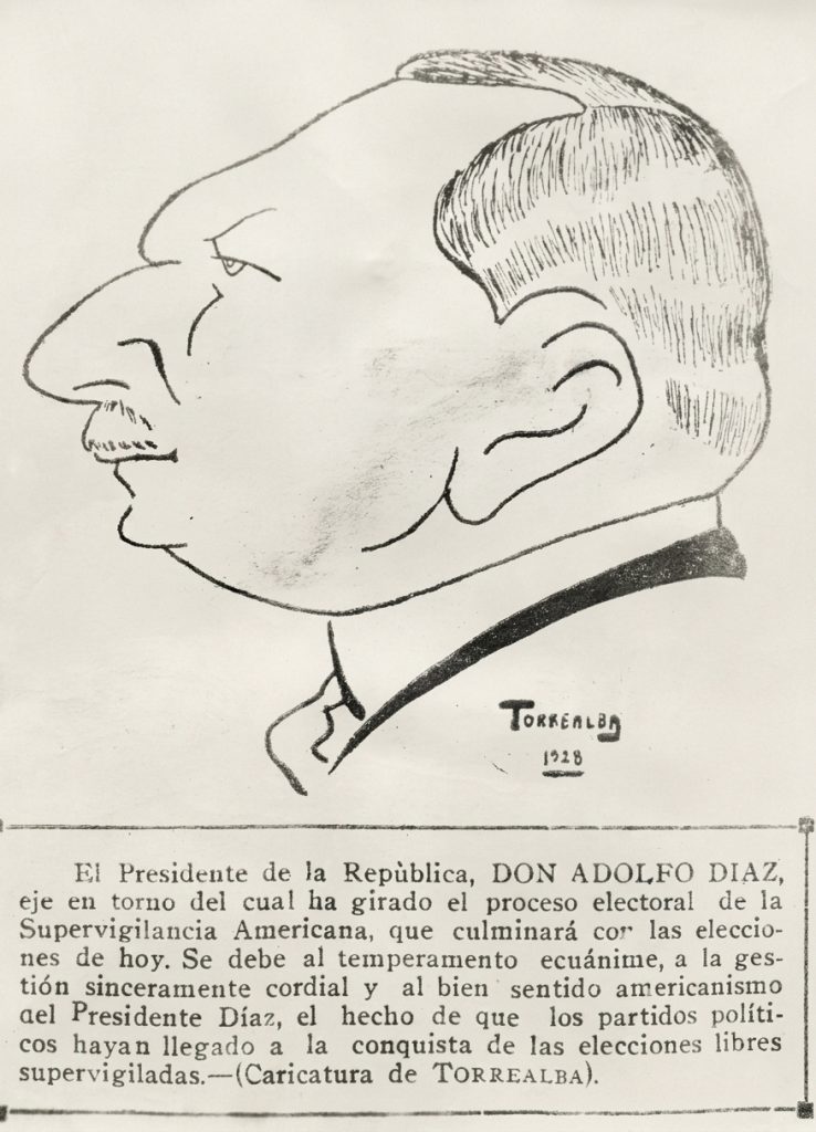Caricatura de Adolfo Díaz publicada en un diario local el domingo 4 de noviembre de 1928, día de las elecciones supervisadas por el gobierno de Estados Unidos. LA PRENSA / ARCHIVO REDES