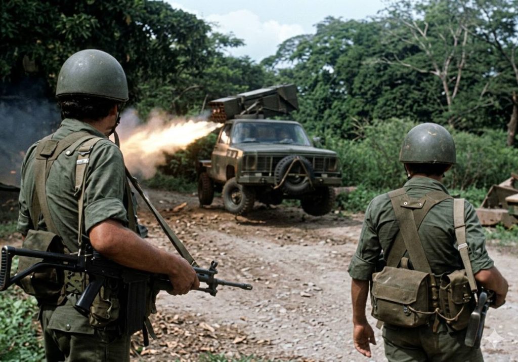 Un lanzacohetes múltiple Yarará de 42 tubos de 70 mm opera en el frente sur, en junio de 1979. Esta pieza de artillería venía montada en camiones ligeros Chevrolet C-10. El gobierno de Anastasio Somoza adquirió una batería de ocho unidades enviadas por Argentina en junio de 1978. LA PRENSA / ARCHIVO REDES