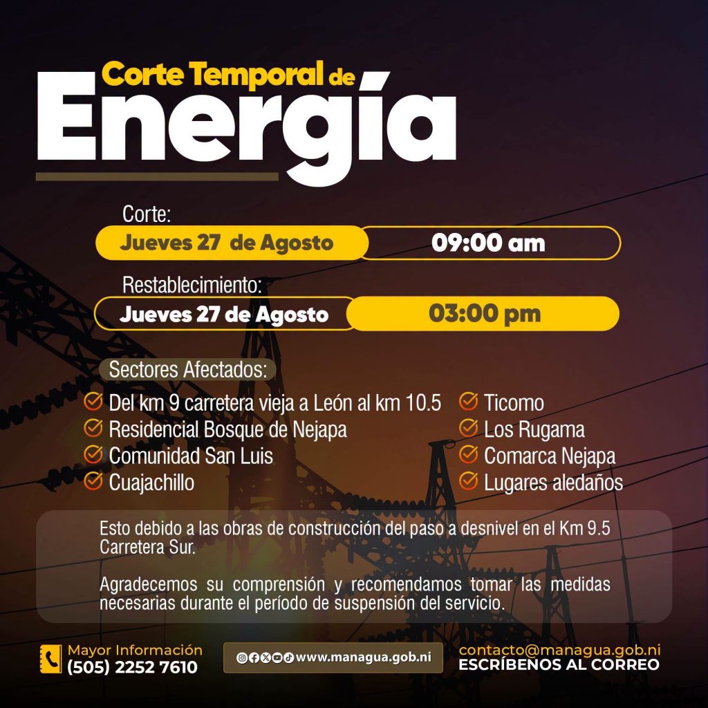 Corte temporal de energía en sectores de Carretera Sur. Alcaldía de Managua
