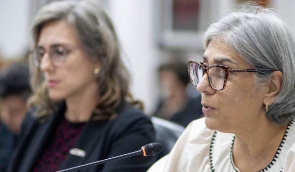 Claudia Pineda, directora ejecutiva de la Asociación Memoria y Justicia (AMJ) durante la audiencia de la Corte IDH el 19 de agosto. Foto: redes sociales.