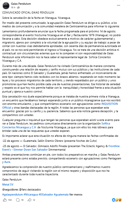 Comunicado Gaias Pendulum. Foto: Captura de pantalla.