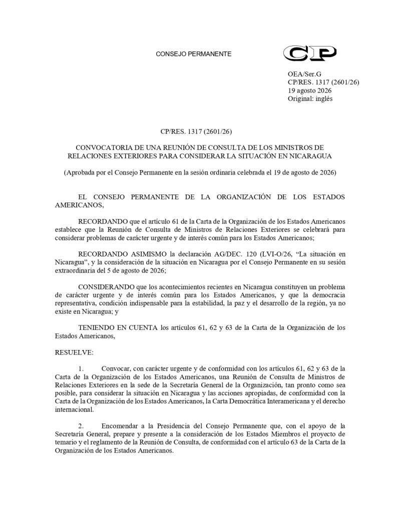 La resolución sobre Nicaragua aprobada este miércoles en la OEA.