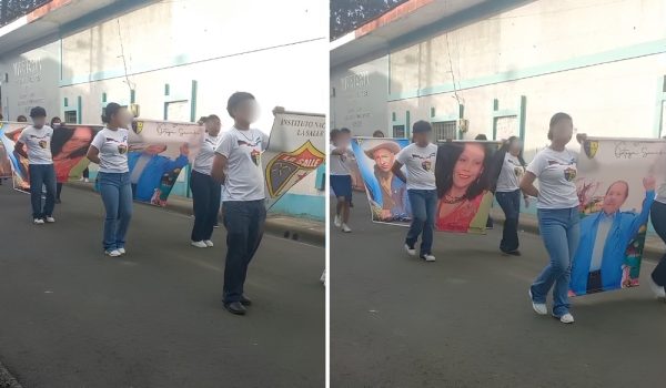 Dictadura obliga a estudiantes a cargar fotografías de los dictadores Ortega y Murillo en desfiles patrios