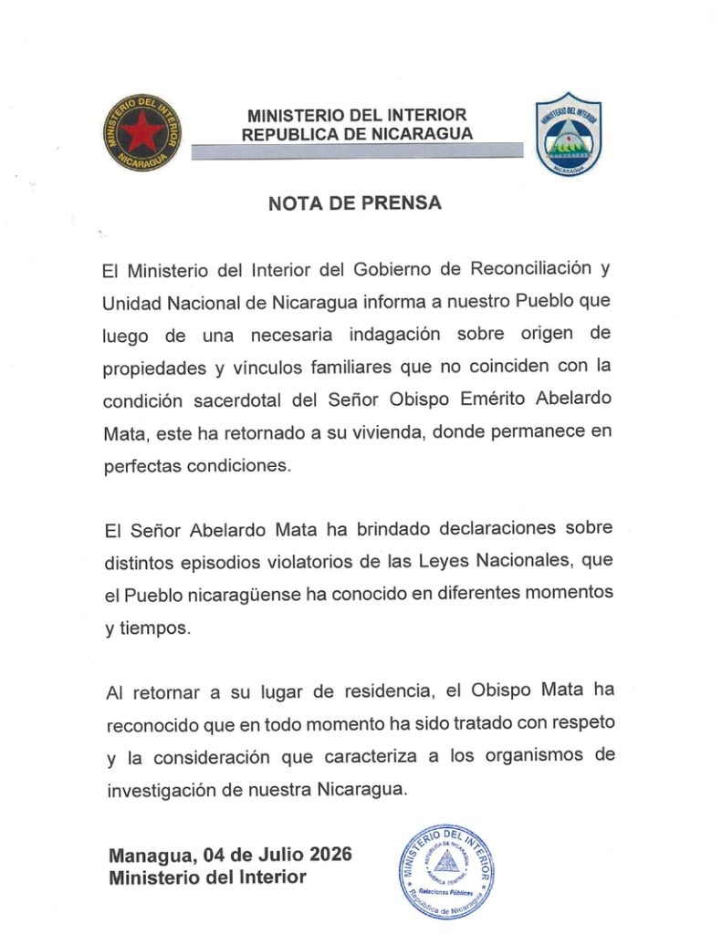 Nota de prensa del Ministerio del Interior sobre detención de monseñor Abelardo Mata.