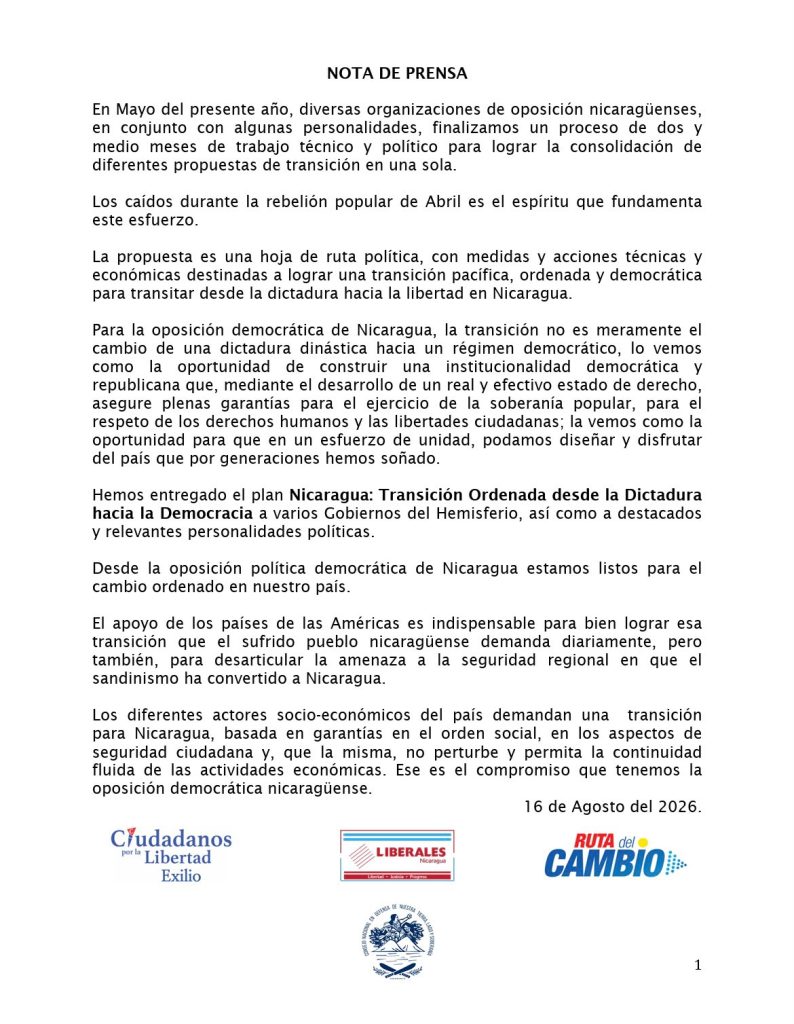 Nota de prensa sobre propuesta de opositores para transición en Nicaragua. 1