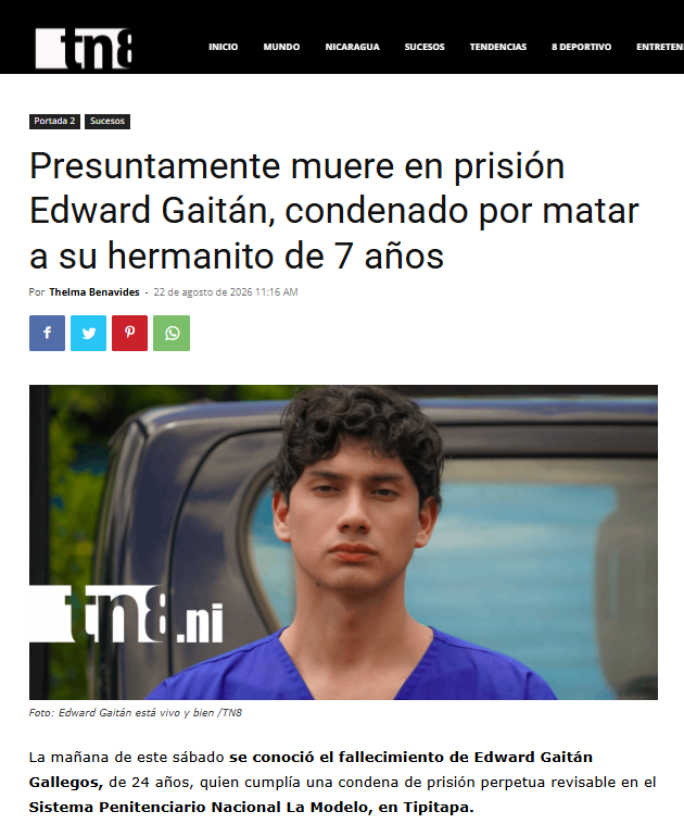 Medios oficialistas ligados a la dictadura habrían difundido inicialmente la muerte del criminal Edward Gaitánm, condenado a prisión perpetua por asesinar a su hermano. Foto: Captura de pantalla de publicación de TN8.