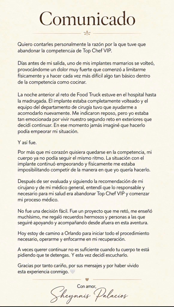 Comunicado emitido por Sheynnis Palacios sobre su salida de Top Chef VIP. Foto: Facebook/Sheynnis Palacios Cornejo
